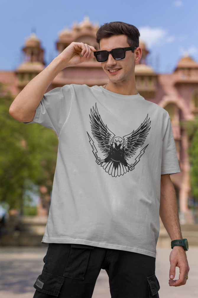 Angry Eagle Grey Melange Printed Oversized T-Shirt For Men - WowWaves