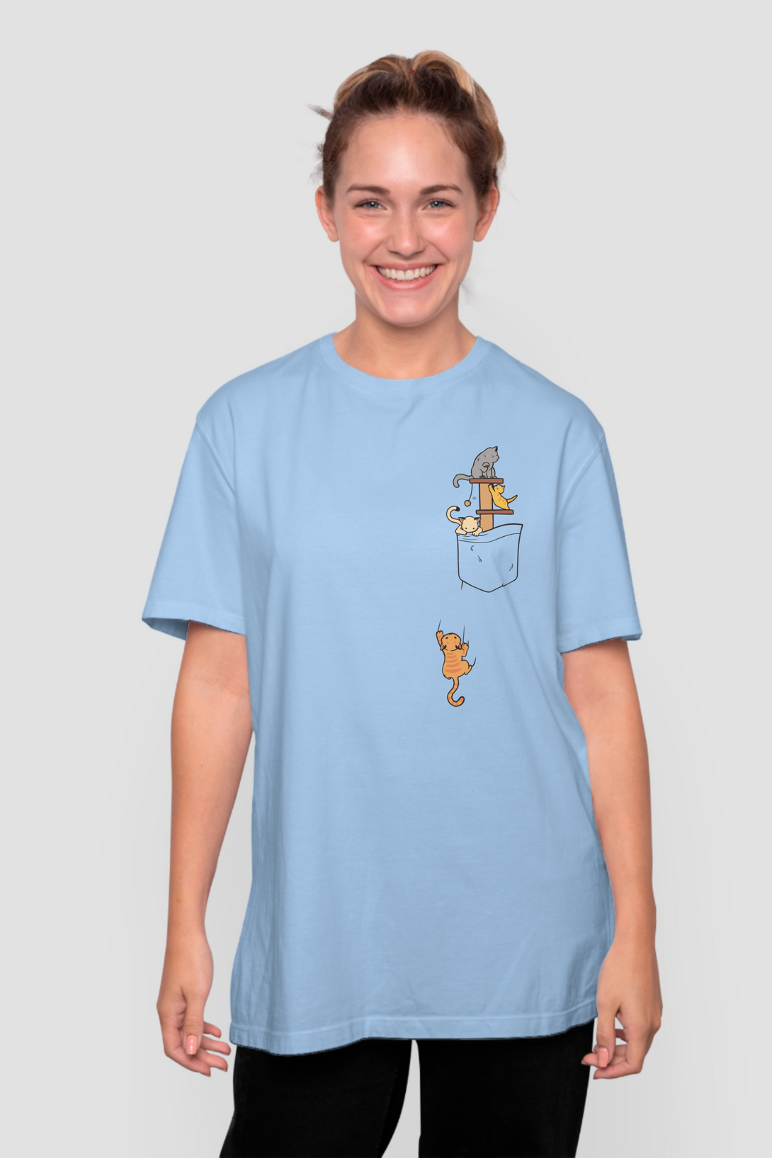Cats Climbing Baby Blue Printed Oversized T-Shirt For Women - WowWaves - 4