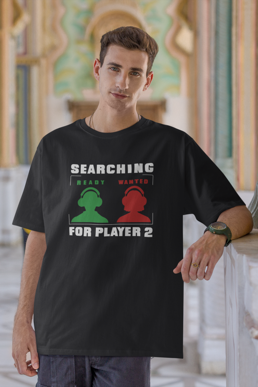 Searching For Player 2 Black Printed Oversized T-Shirt For Men - WowWaves