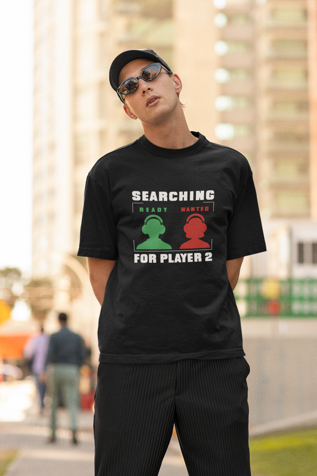 Searching For Player 2 Black Printed Oversized T-Shirt For Men - WowWaves - 2