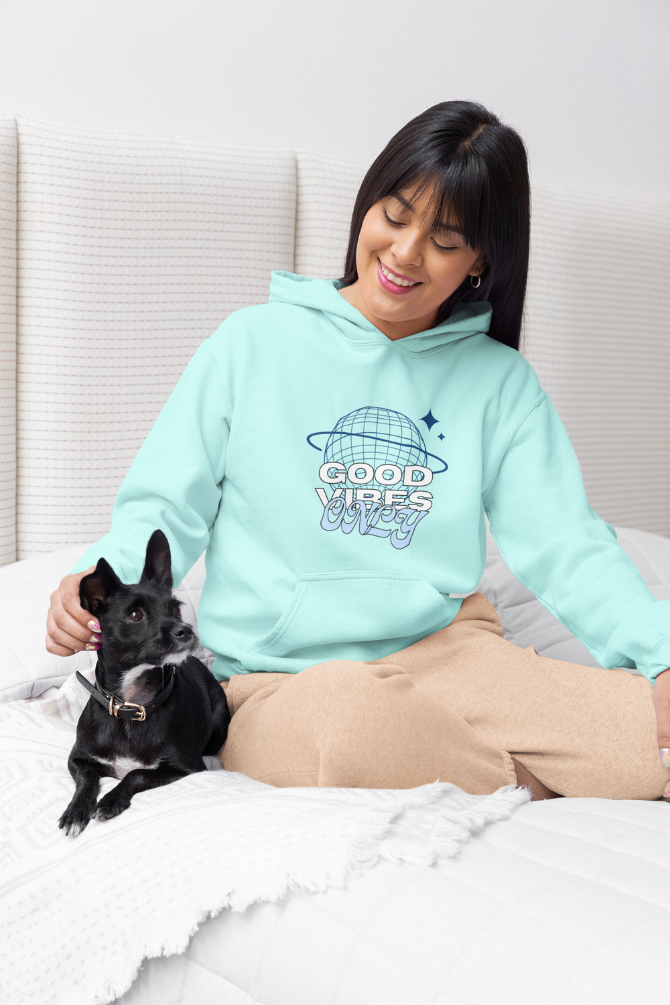 Good Vibes Only Mint Printed Hoodie For Women - WowWaves - 2