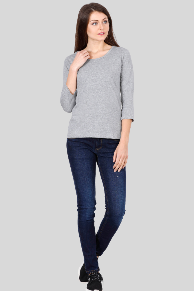 Grey Melange 3 4Th Sleeve T-Shirt For Women - WowWaves - 9