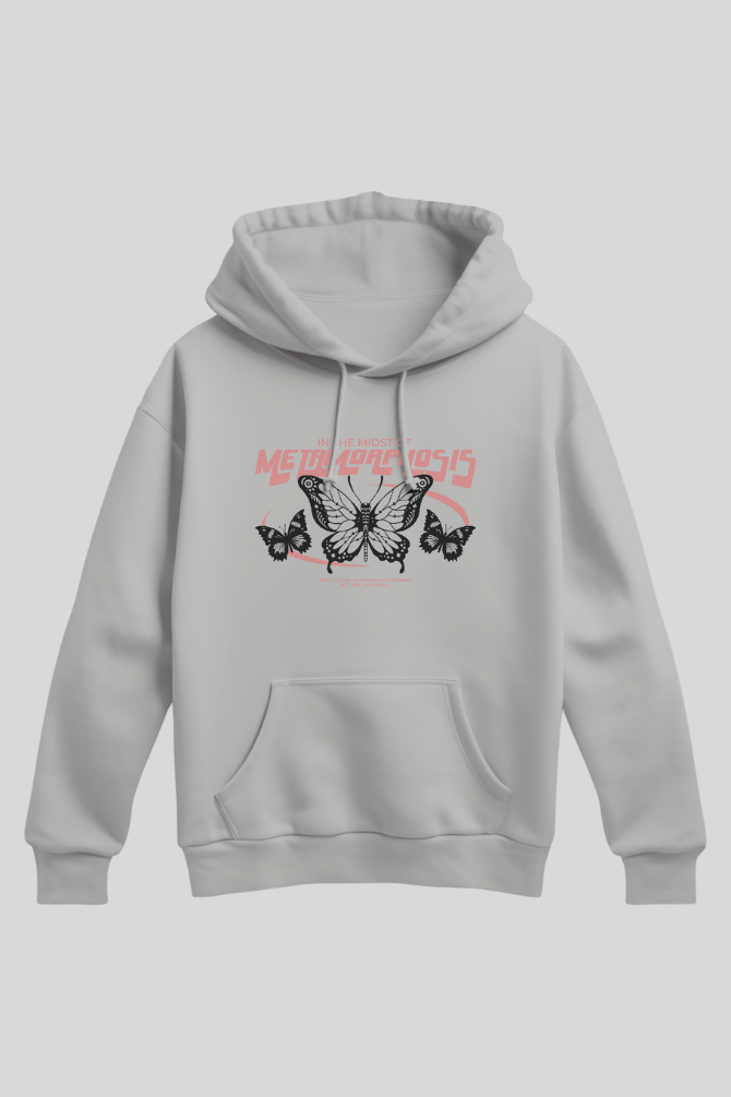 Metamorphosis Butterfly Grey Melange Printed Hoodie For Women - WowWaves