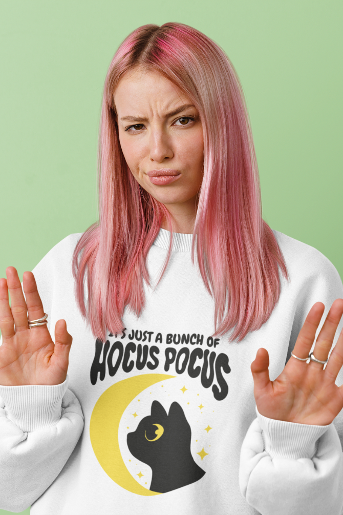 Black Cat Hocus Pocus White Printed Oversized Sweatshirt For Women - WowWaves - 3