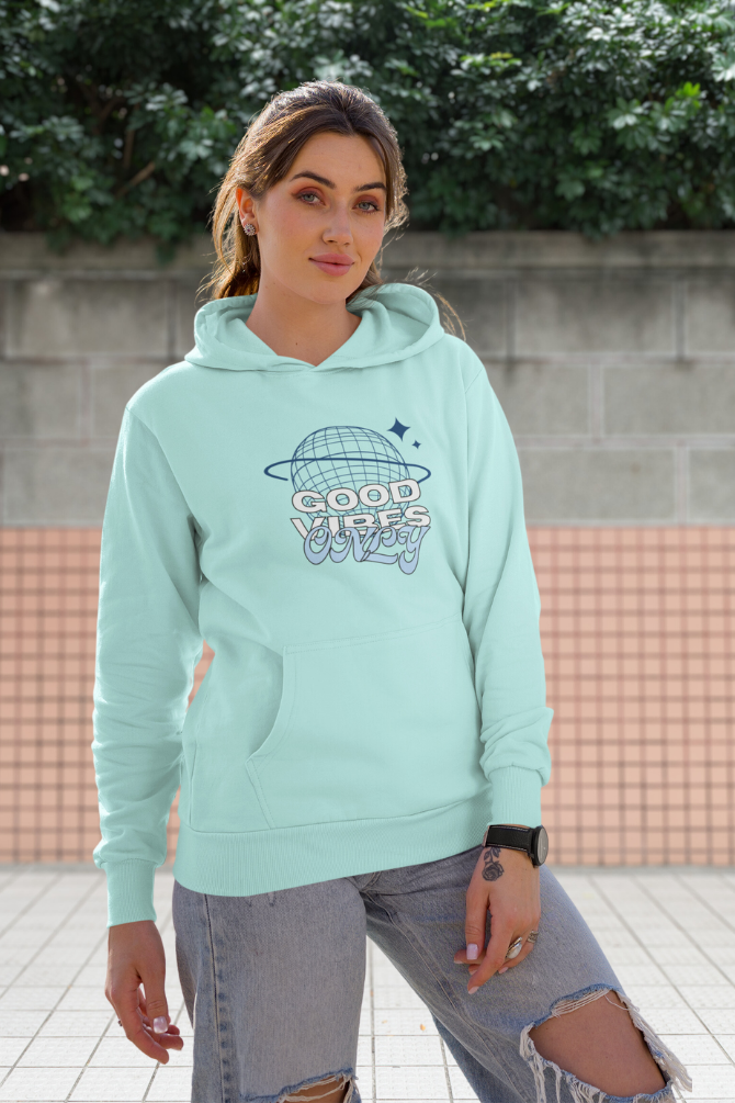 Good Vibes Only Mint Printed Hoodie For Women - WowWaves - 3
