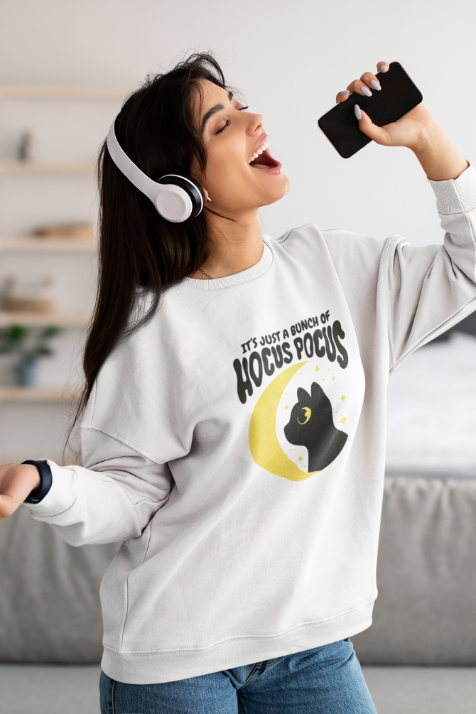 Black Cat Hocus Pocus White Printed Oversized Sweatshirt For Women - WowWaves