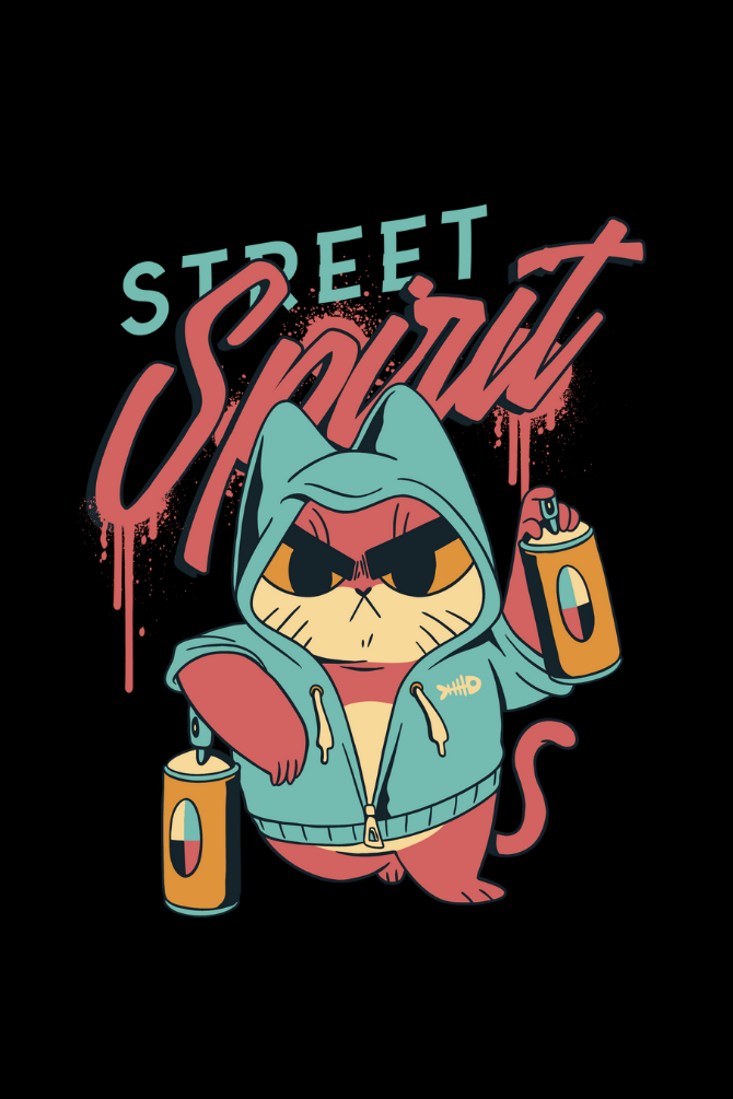 Street Cat Spirit Black Printed Oversized T-Shirt For Women - WowWaves - 1