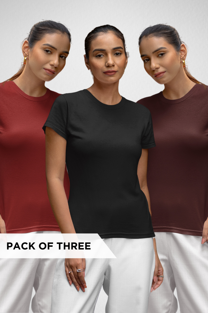 Pack Of 3 Plain T-Shirts Black Maroon And Red For Women - WowWaves - 1