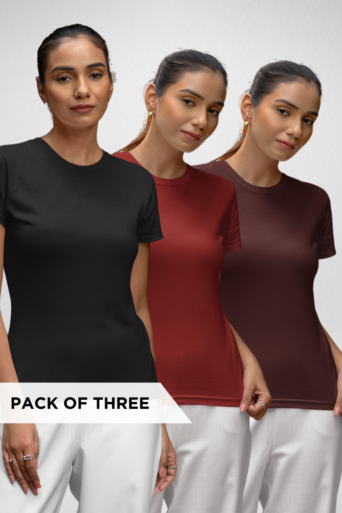 Pack Of 3 Plain T-Shirts Black Maroon And Red For Women - WowWaves - 2