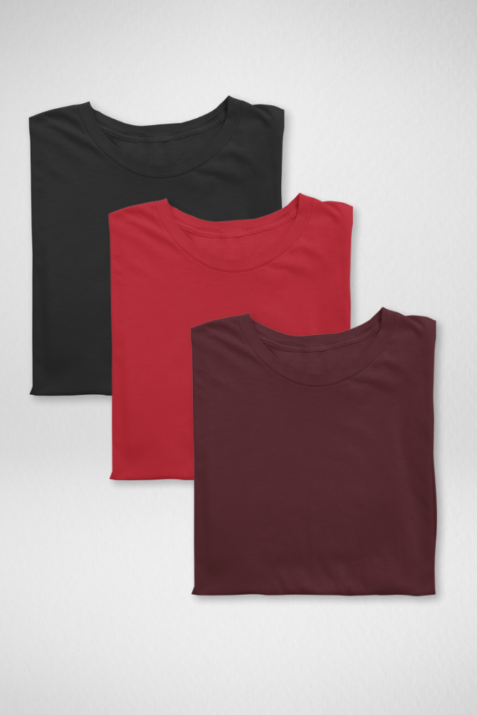 Pack Of 3 Plain T-Shirts Black Maroon And Red For Women - WowWaves