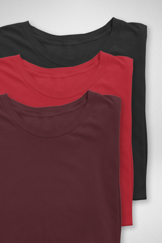 Pack Of 3 Plain T-Shirts Black Maroon And Red For Women - WowWaves - 3