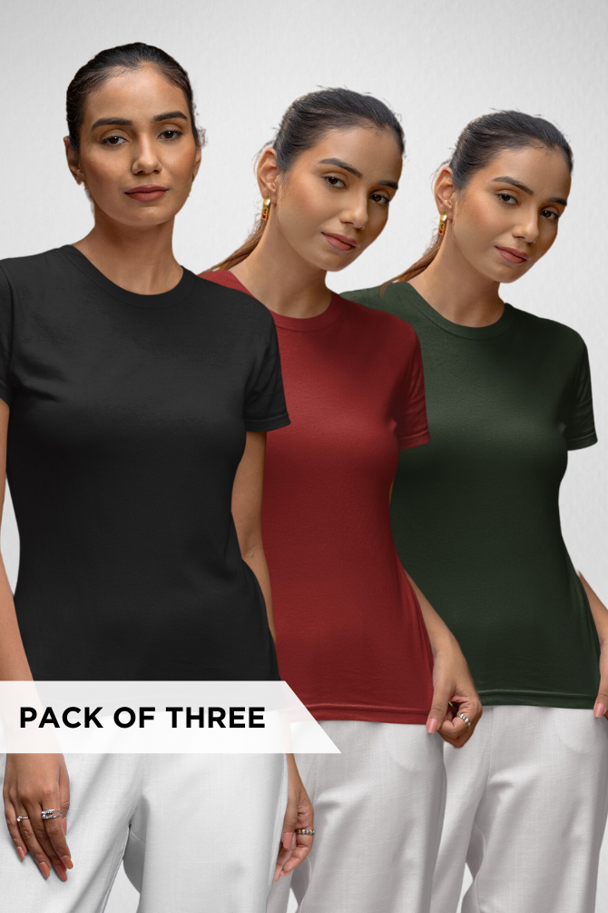 Pack Of 3 Plain T-Shirts Black Red And Bottle Green For Women - WowWaves - 1