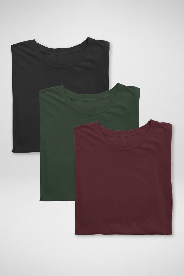 Pack Of 3 Plain T-Shirts Black Red And Bottle Green For Women - WowWaves