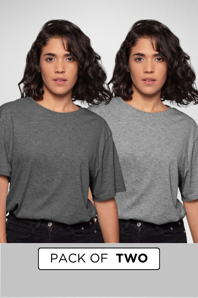 Charcoal Melange And Grey Melange Plain T-Shirts Combo For Women - WowWaves - 1