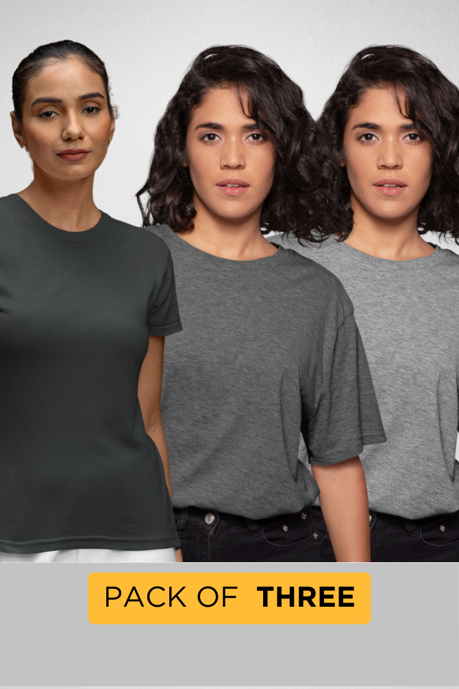 Pack Of 3 Plain T-Shirts Grey Melange Steel Grey And Charcoal Melange For Women - WowWaves - 1
