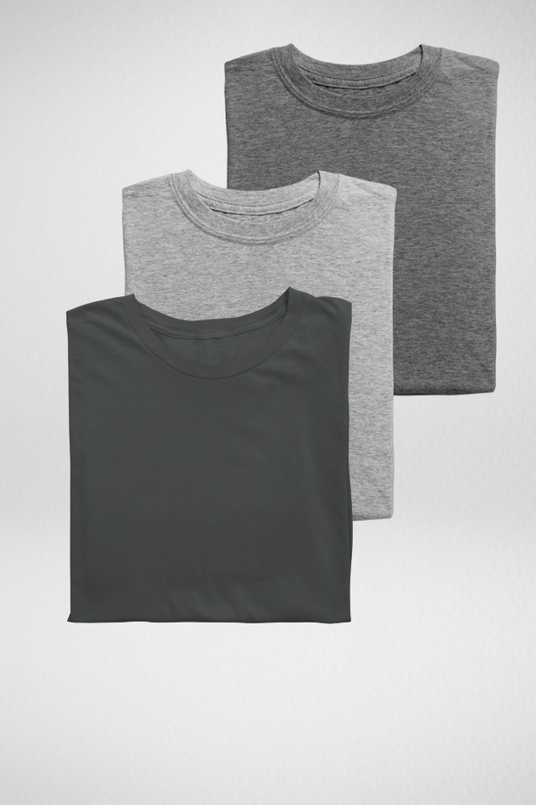 Pack Of 3 Plain T-Shirts Grey Melange Steel Grey And Charcoal Melange For Women - WowWaves