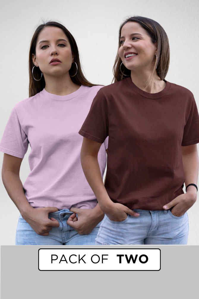 Light Pink And Maroon Plain T-Shirts Combo For Women - WowWaves - 1