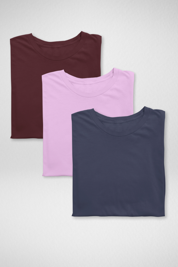 Pack Of 3 Plain T-Shirts Light Pink Maroon And Navy Blue For Women - WowWaves
