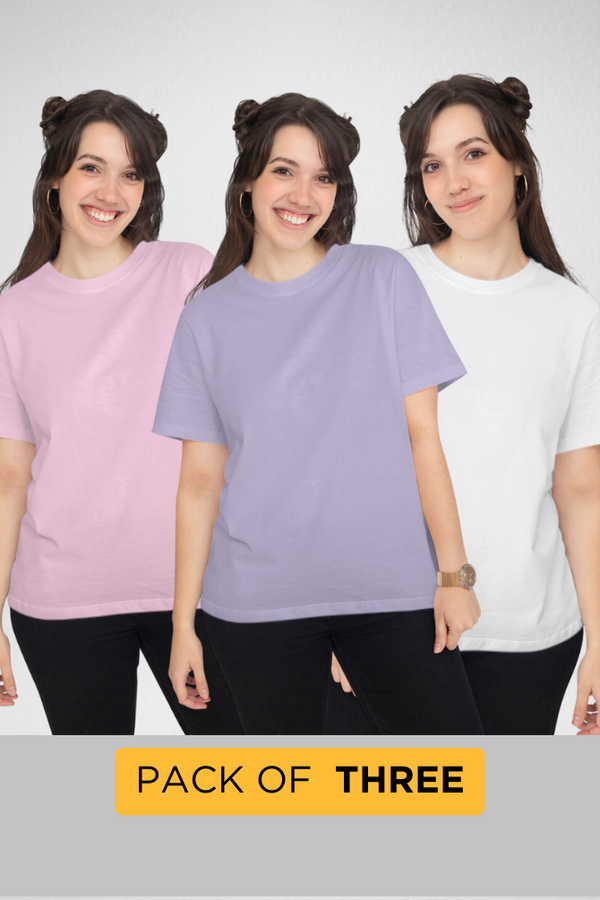 Pack Of 3 Plain T-Shirts Lavender Light Pink And White For Women - WowWaves