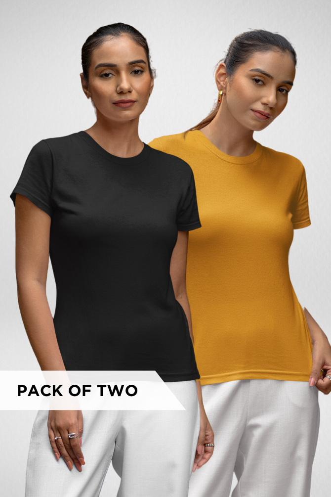 Mustard Yellow And Black Plain T-Shirts Combo For Women - WowWaves - 1