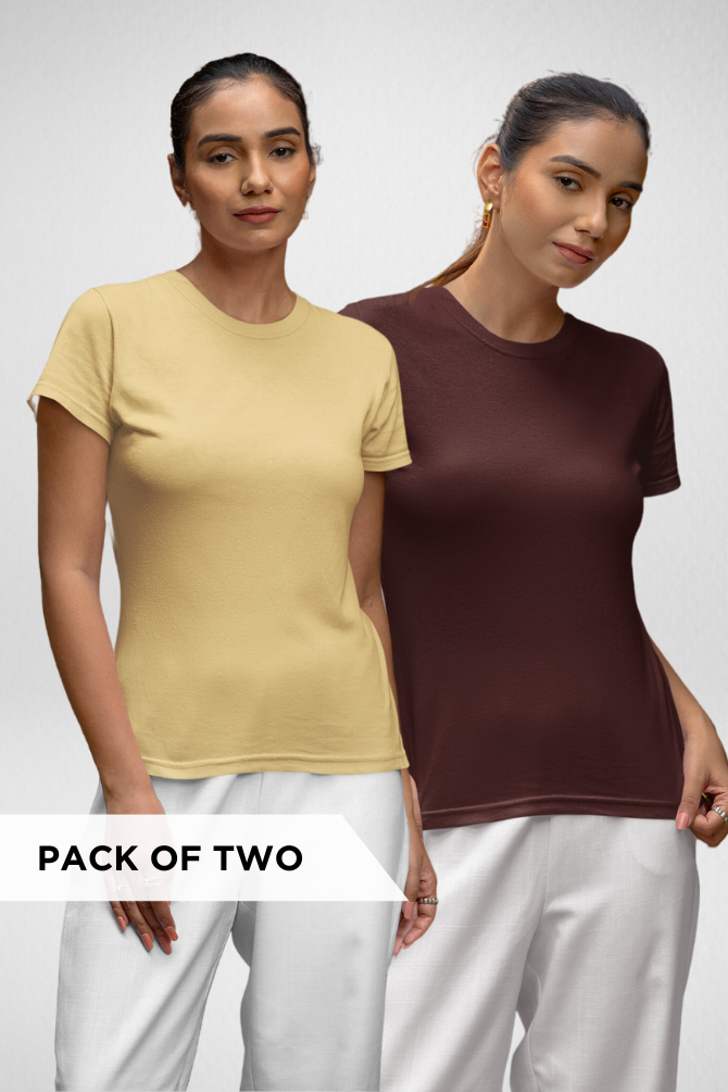 Maroon And Beige Plain T-Shirts Combo For Women - WowWaves - 1