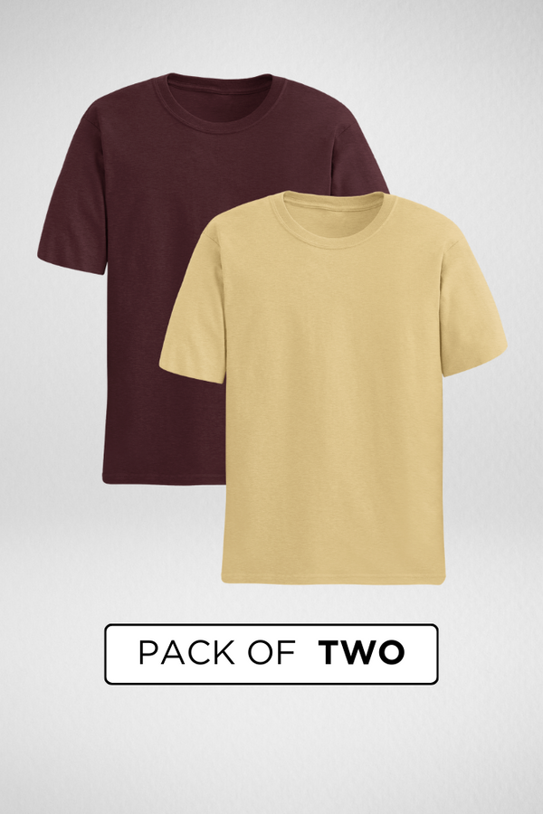 Maroon And Beige Plain T-Shirts Combo For Women - WowWaves
