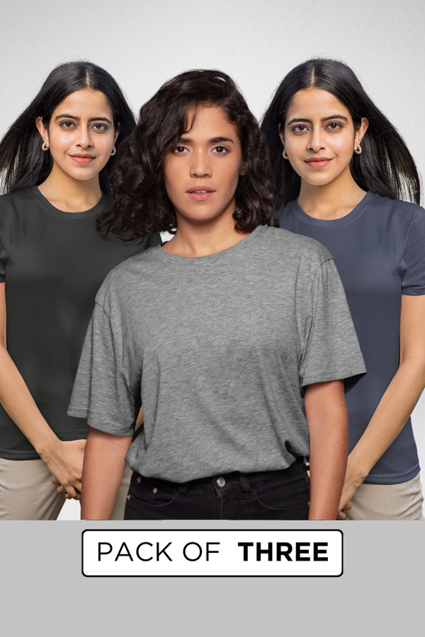 Pack Of 3 Plain T-Shirts Navy Blue Grey Melange And Black For Women - WowWaves