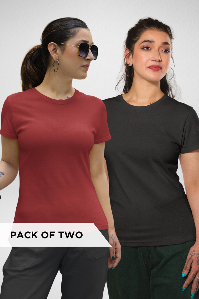 Red And Black Plain T-Shirts Combo For Women - WowWaves - 1