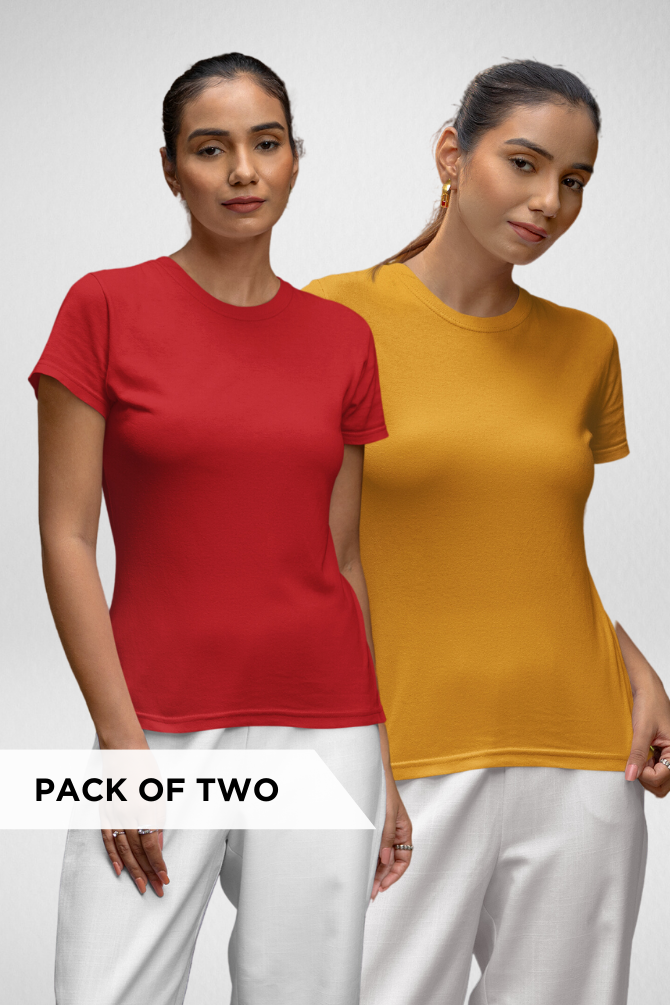 Red And Mustard Yellow Plain T-Shirts Combo For Women - WowWaves - 1