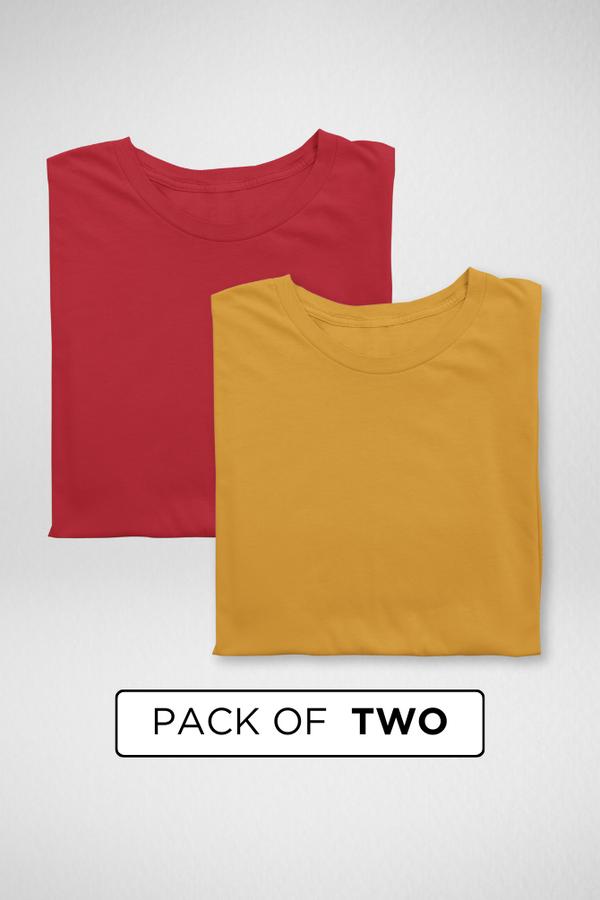 Red And Mustard Yellow Plain T-Shirts Combo For Women - WowWaves