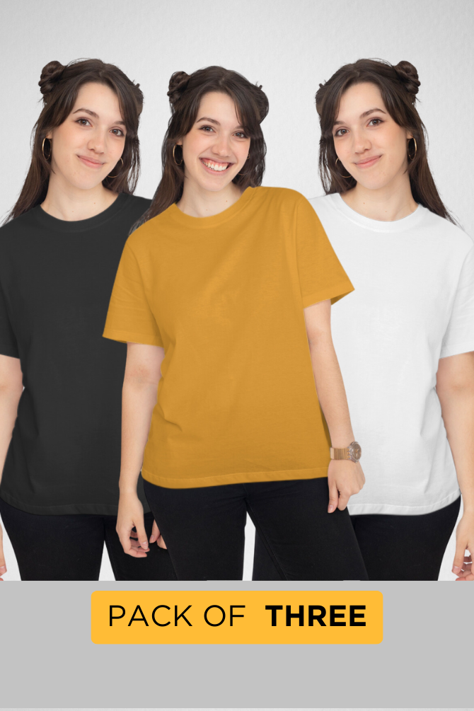 Pack Of 3 Plain T-Shirts White Black And Mustard Yellow For Women - WowWaves - 1
