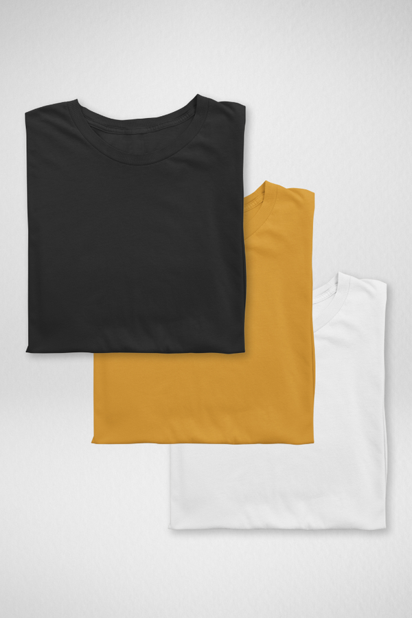Pack Of 3 Plain T-Shirts White Black And Mustard Yellow For Women - WowWaves