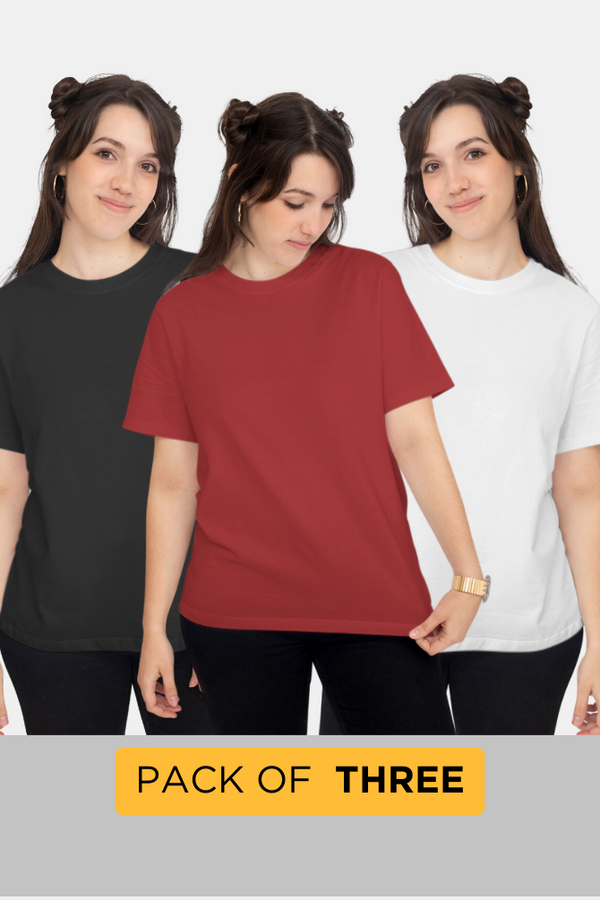 Pack Of 3 Plain T-Shirts White Black And Red For Women - WowWaves