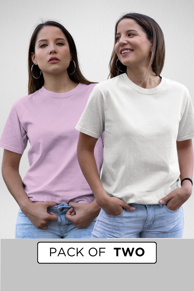 White And Light Pink Plain T-Shirts Combo For Women - WowWaves - 1