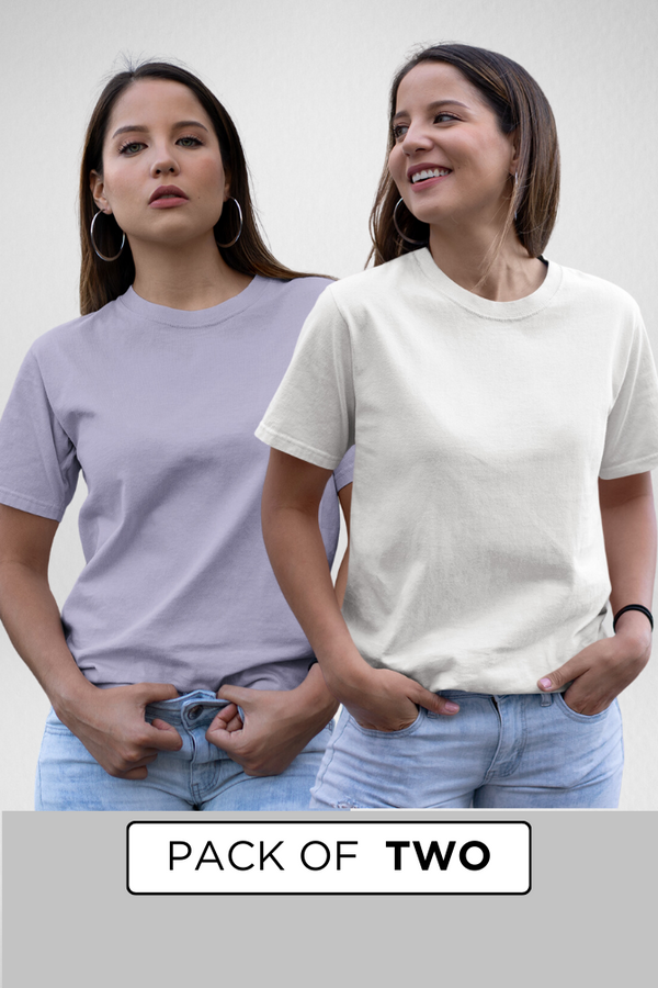 White And Lavender Plain T-Shirts Combo For Women - WowWaves