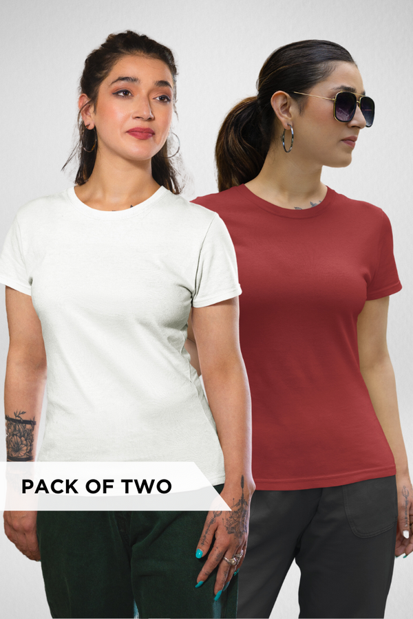 White And Red Plain T-Shirts Combo For Women - WowWaves