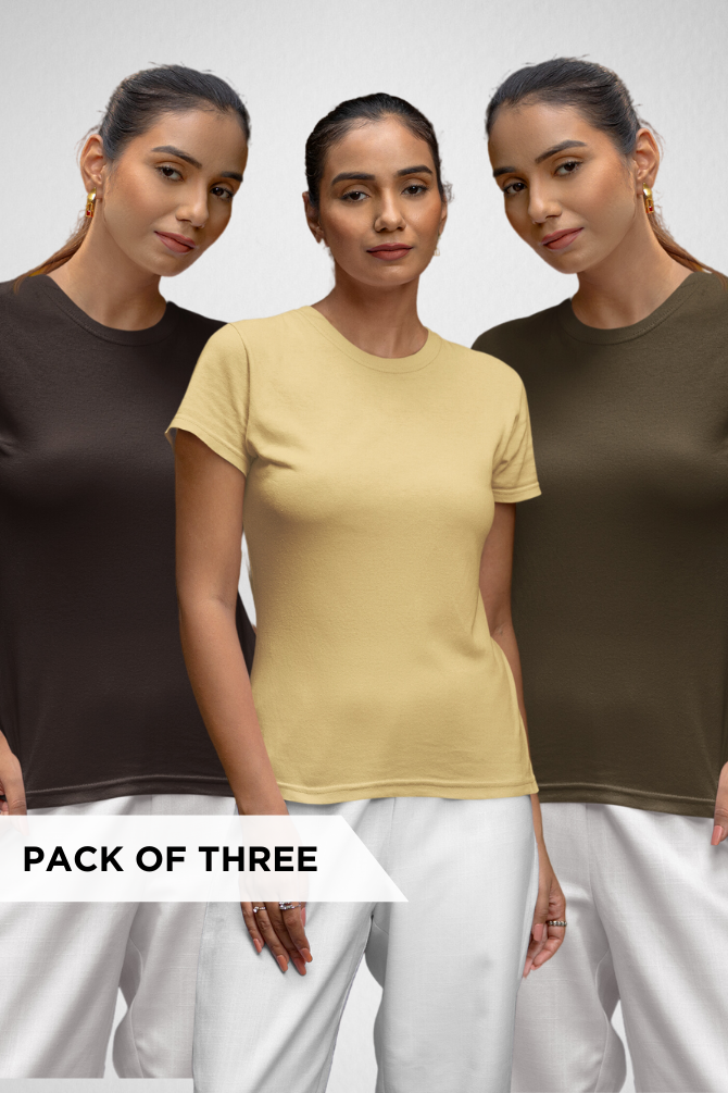 Pack Of 3 Plain T-Shirts Coffee Brown Olive Green And Beige For Women - WowWaves - 1