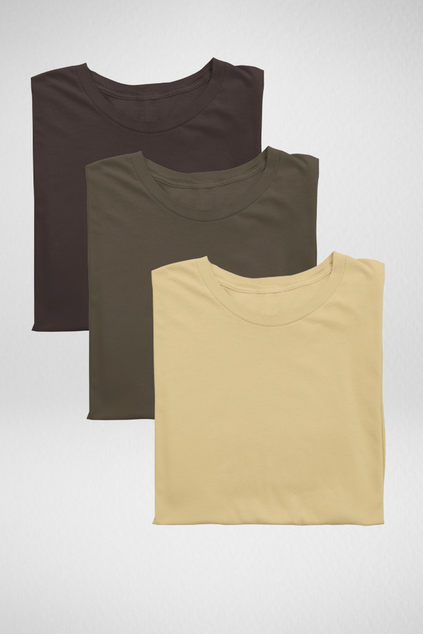 Pack Of 3 Plain T-Shirts Coffee Brown Olive Green And Beige For Women - WowWaves