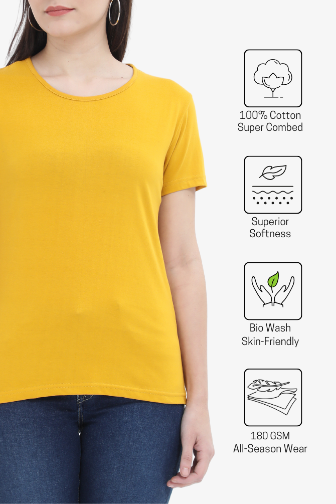 Mustard Yellow Scoop Neck T-Shirt For Women - WowWaves - 4