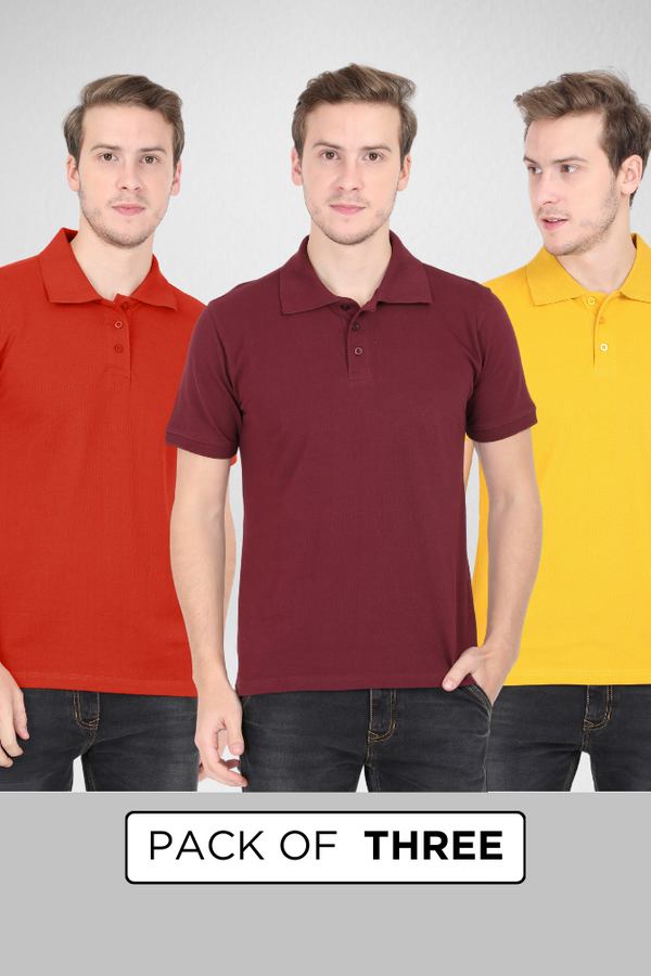Pack Of 3 Polo T-Shirts Brick Red Maroon And Mustard Yellow For Men - WowWaves