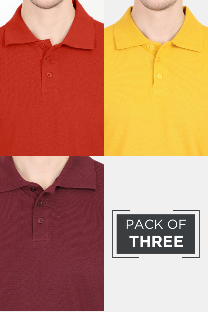 Pack Of 3 Polo T-Shirts Brick Red Maroon And Mustard Yellow For Men - WowWaves - 1