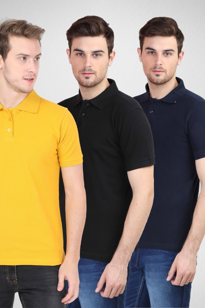 Pack Of 3 Polo T-Shirts Black Navy Blue And Mustard Yellow For Men - WowWaves - 1