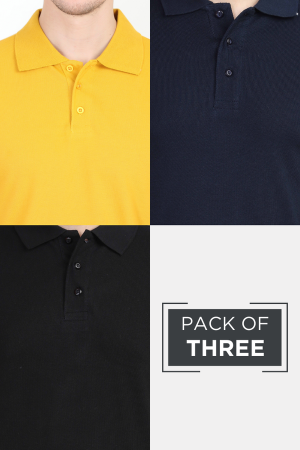 Pack Of 3 Polo T-Shirts Black Navy Blue And Mustard Yellow For Men - WowWaves