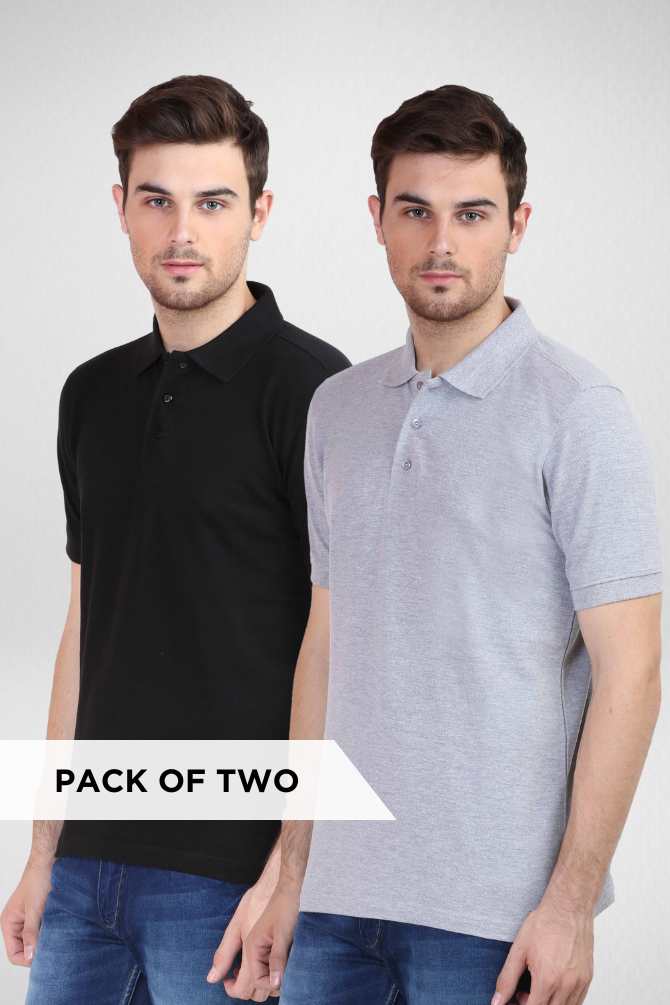 Grey Melange And Black Polo T-Shirts Combo For Men - WowWaves - 1
