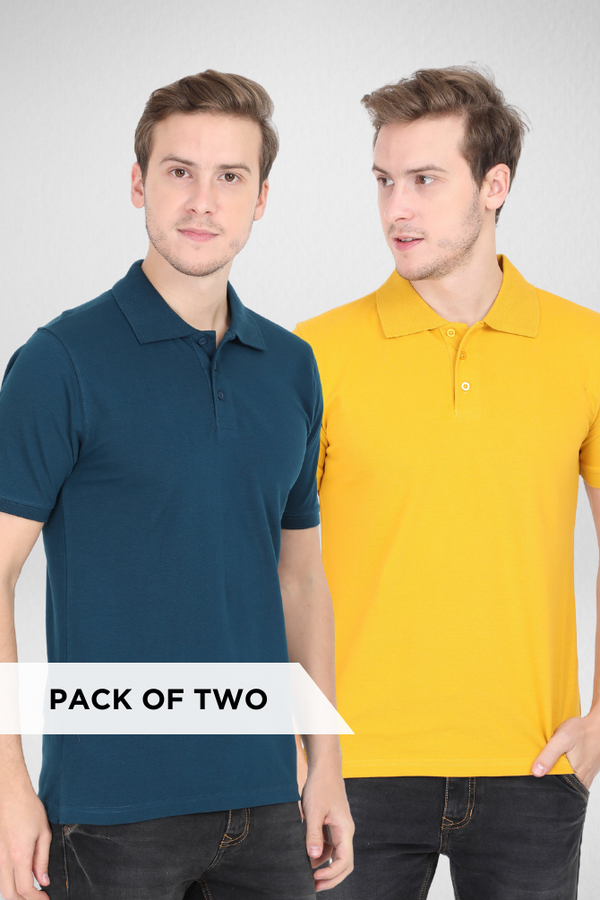 Mustard Yellow And Petrol Blue Polo T-Shirts Combo For Men - WowWaves