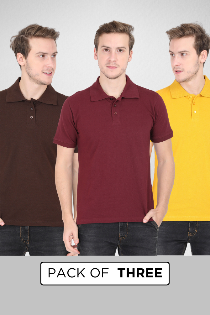 Pack Of 3 Polo T-Shirts Maroon Coffee Brown And Mustard Yellow For Men - WowWaves - 1