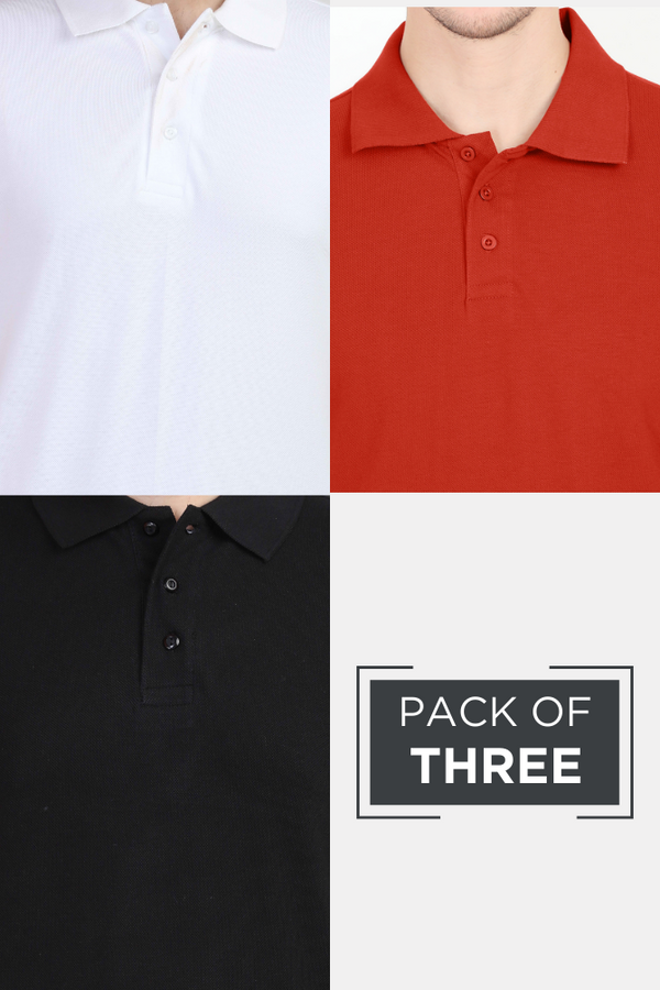 Pack Of 3 Polo T-Shirts White Black And Brick Red For Men - WowWaves