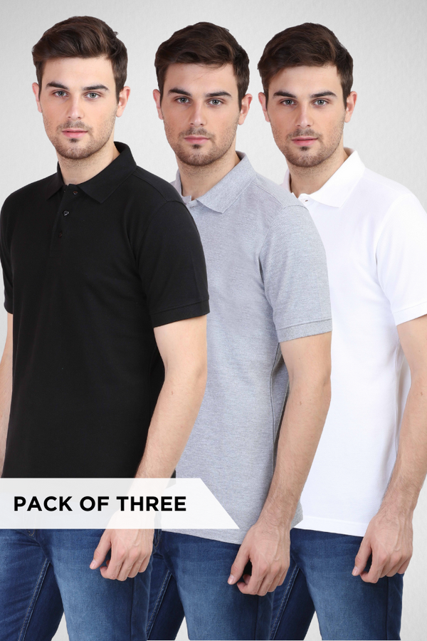 Pack Of 3 Polo T-Shirts White Black And Grey Melange For Men - WowWaves