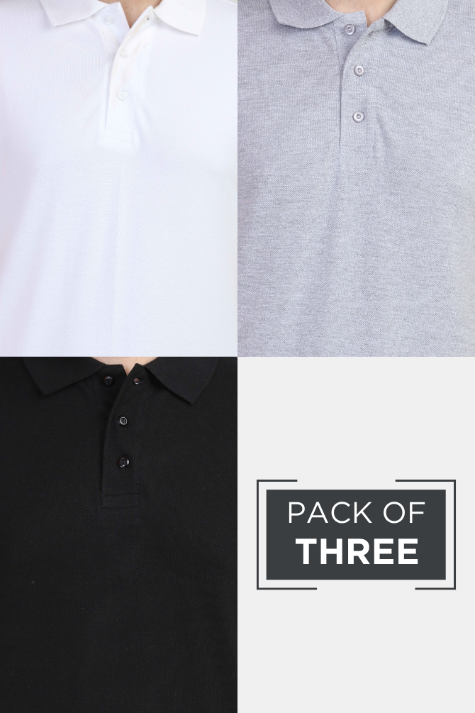 Pack Of 3 Polo T-Shirts White Black And Grey Melange For Men - WowWaves - 1