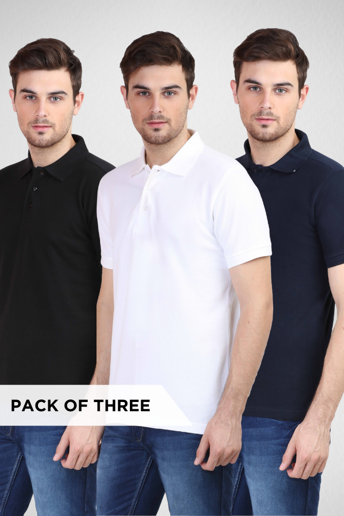 Pack Of 3 Polo T-Shirts White Black And Navy Blue For Men - WowWaves - 1